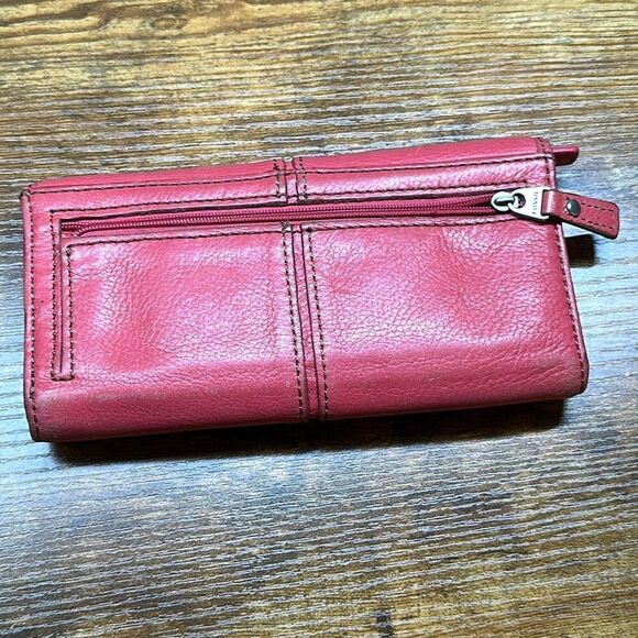 Fossil Pink Red Cow Hide Leather Bifold Wallet Snap Closure - Picture 3 of 13